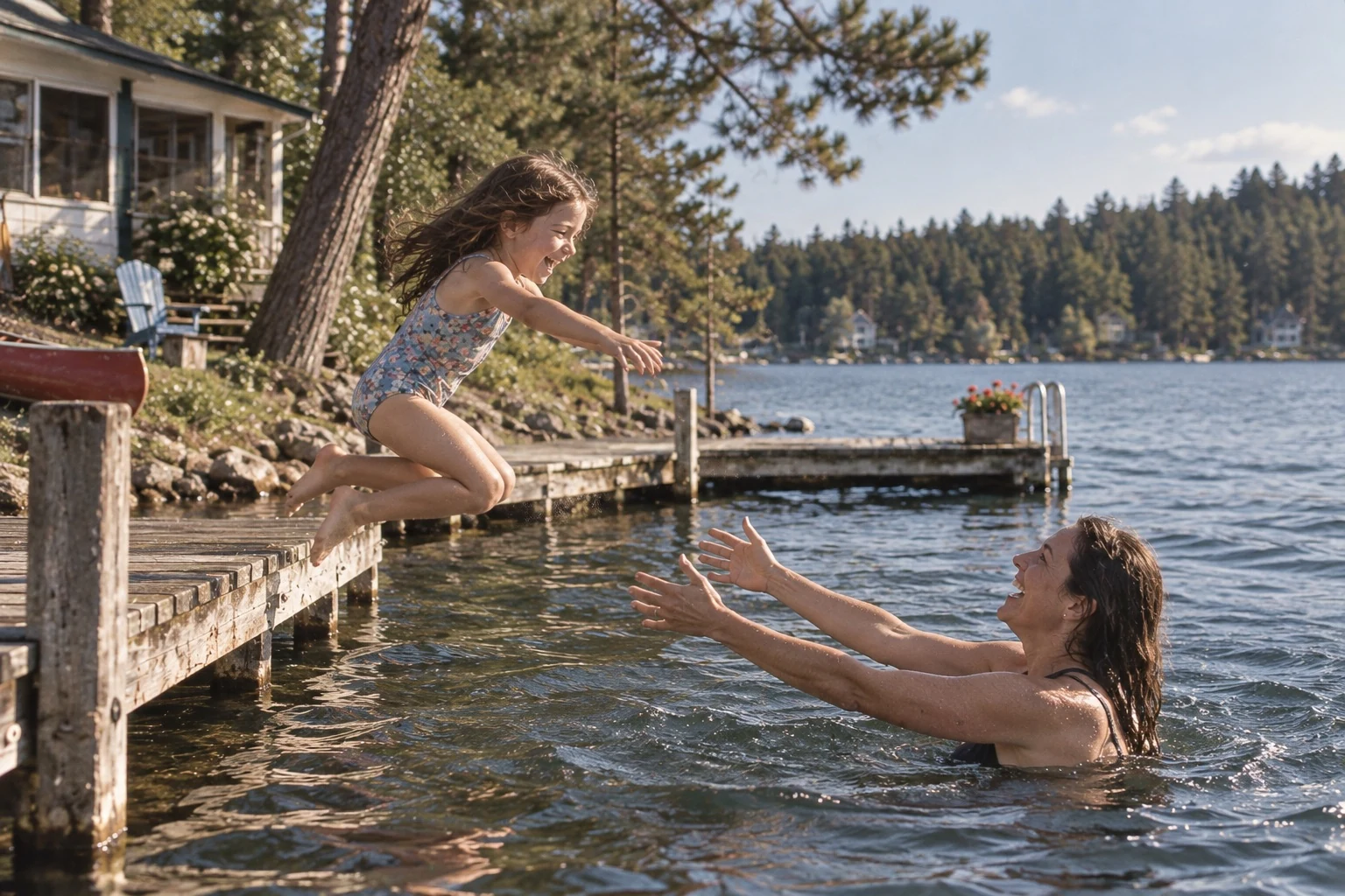 A child jumping from the dock toward an adult in the lake in 2025.