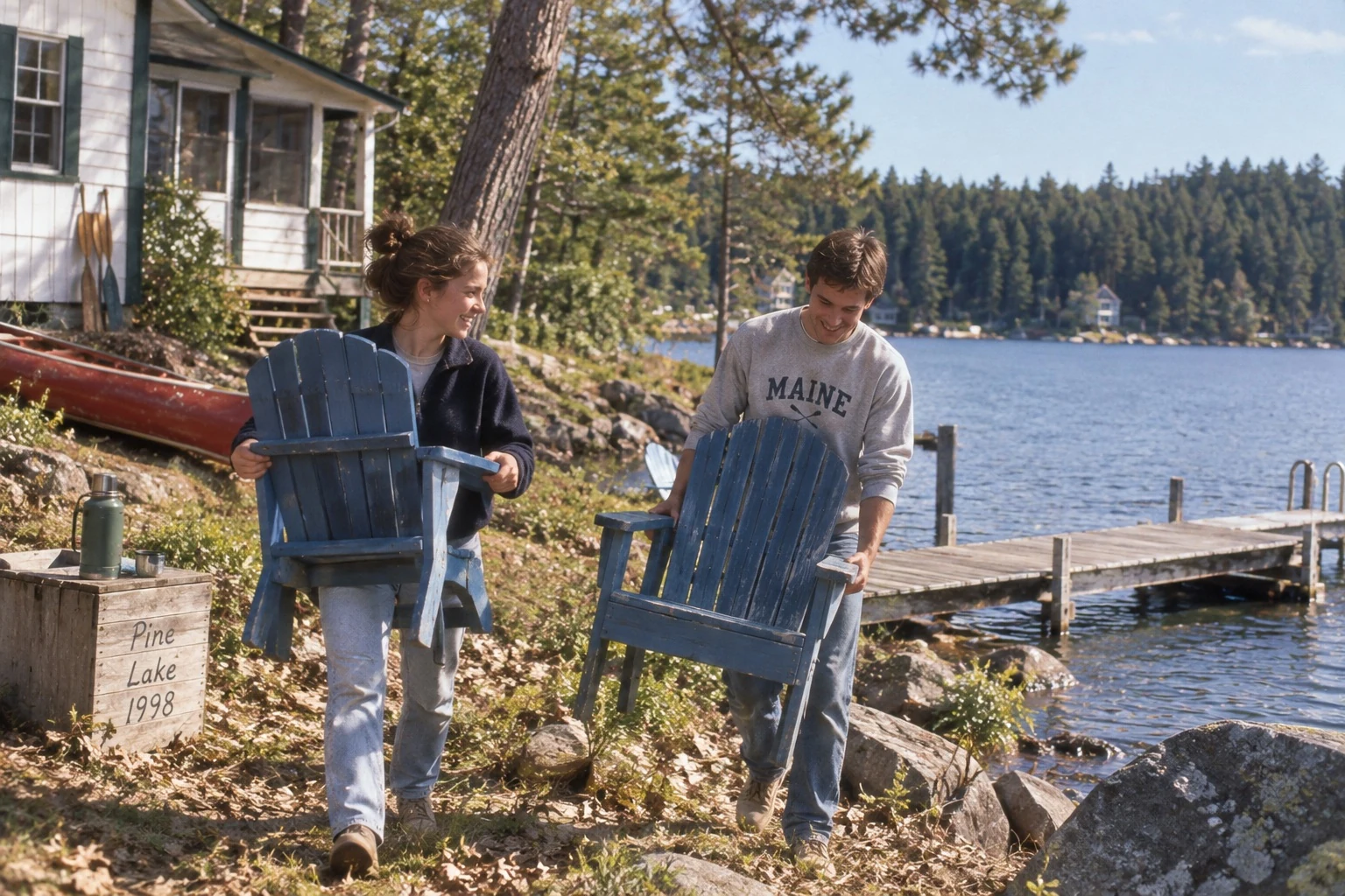 Two people carrying Adirondack chairs outside a lakeside family cottage.