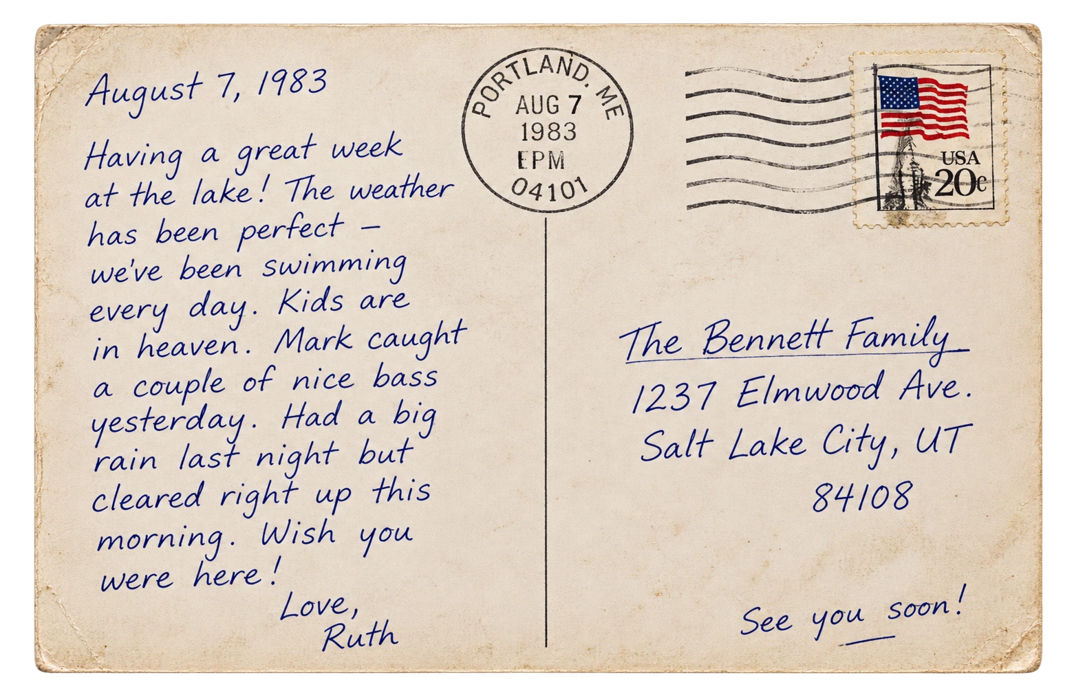 A handwritten postcard from Pine Lake in 1983.
